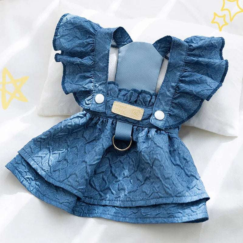 Hoopreety Denim Dog Dress For Small Dogs Leash Ring Sleeves