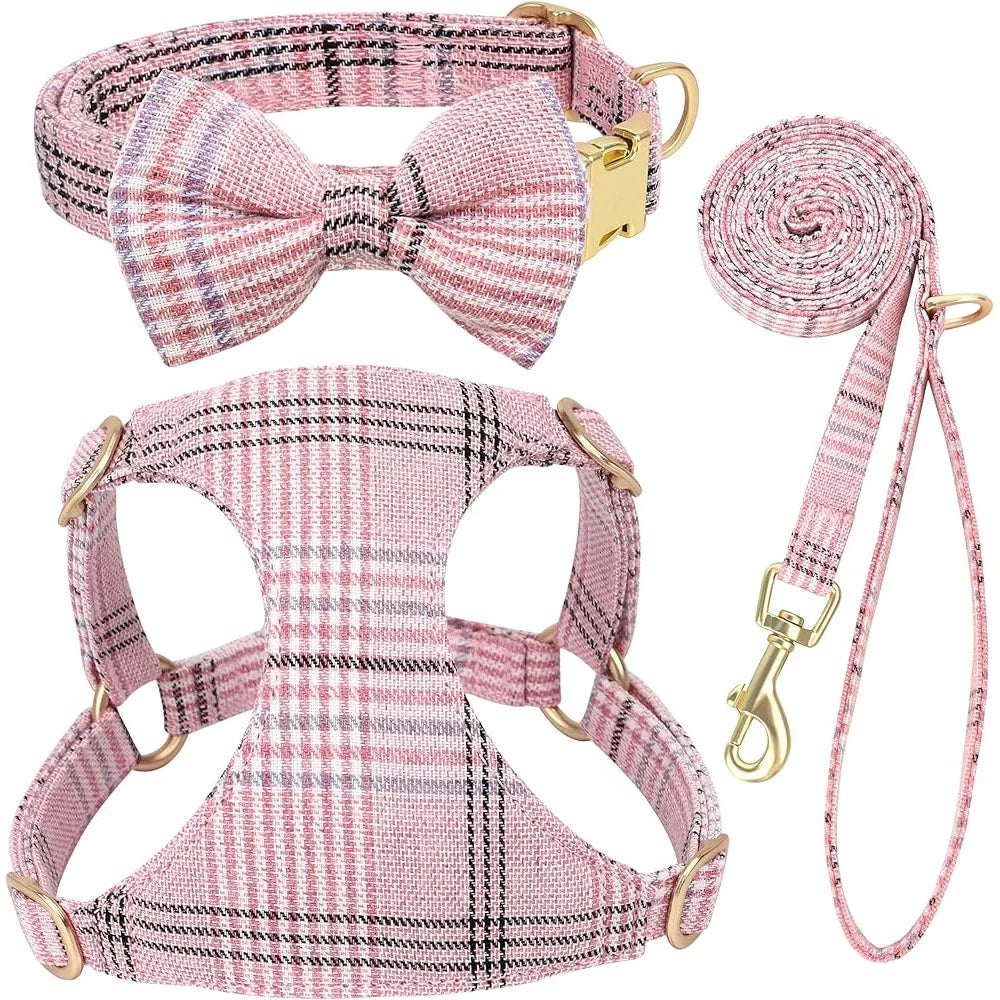 CN Fujian Cute Plaid Adjustable Small Dog Harness Set