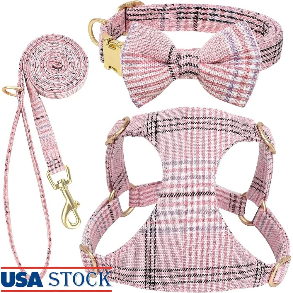 CN Fujian Cute Plaid Adjustable Small Dog Harness Set