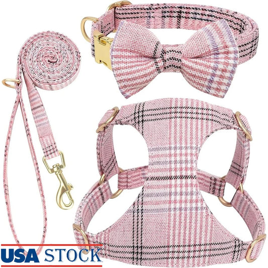 CN Fujian Cute Plaid Adjustable Small Dog Harness Set