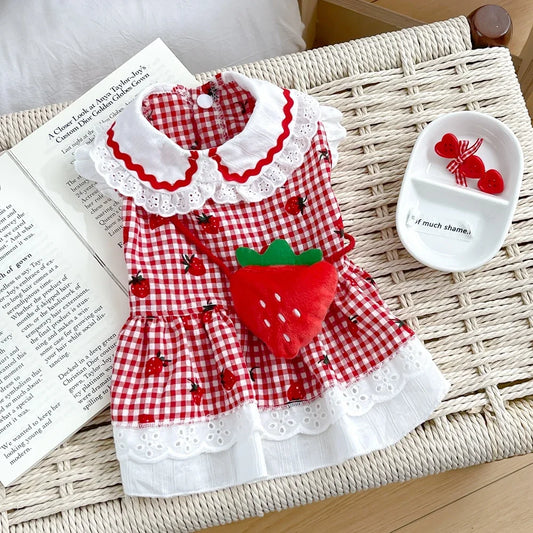 Elfidog Strawberry Dress For Dogs Cute Plaid Summer Apparel