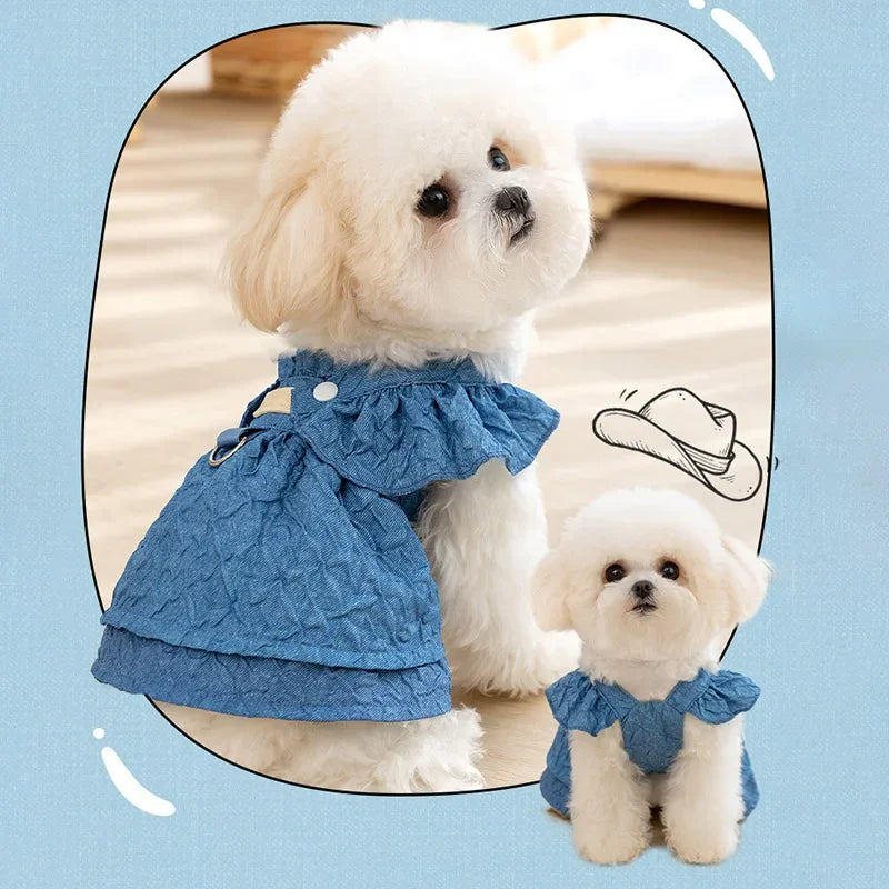 Hoopreety Denim Dog Dress For Small Dogs Leash Ring Sleeves