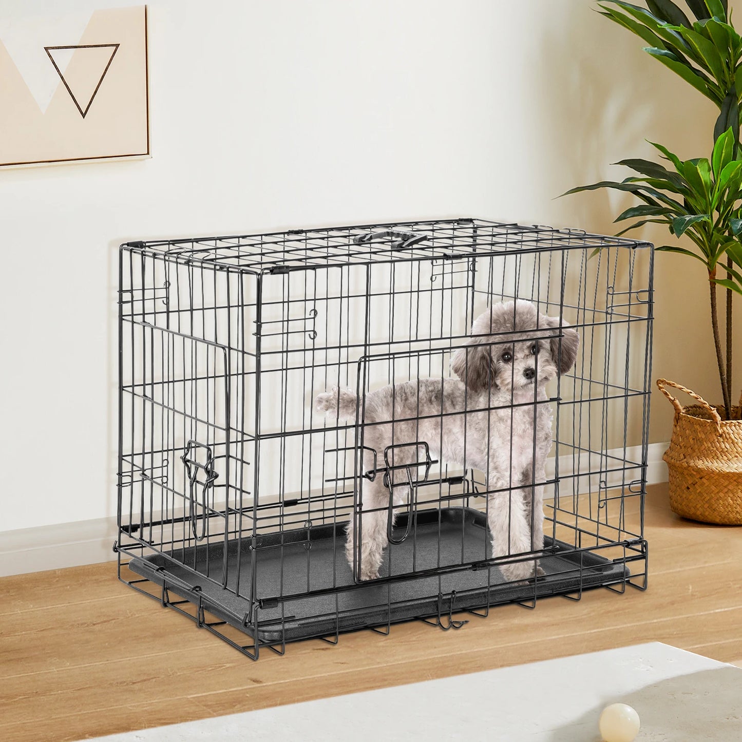 JHK Double Door Folding Metal Dog Cage With Pan Tray