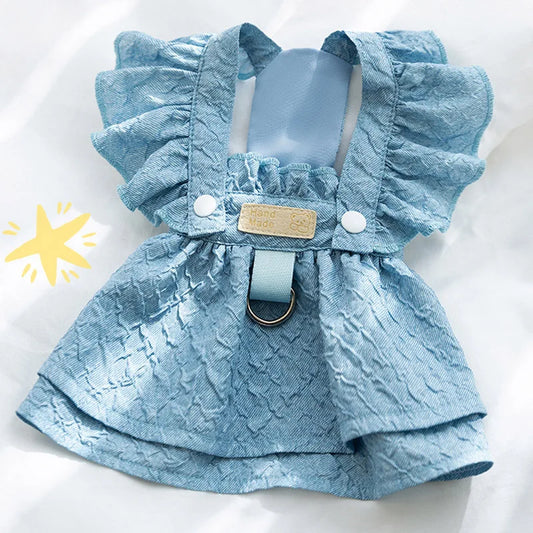 Hoopreety Denim Dog Dress For Small Dogs Leash Ring Sleeves