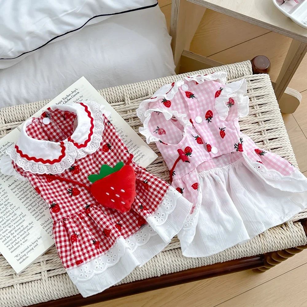 Elfidog Strawberry Dress For Dogs Cute Plaid Summer Apparel