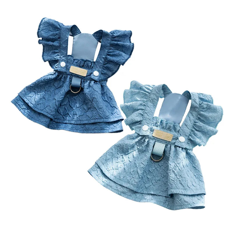 Hoopreety Denim Dog Dress For Small Dogs Leash Ring Sleeves