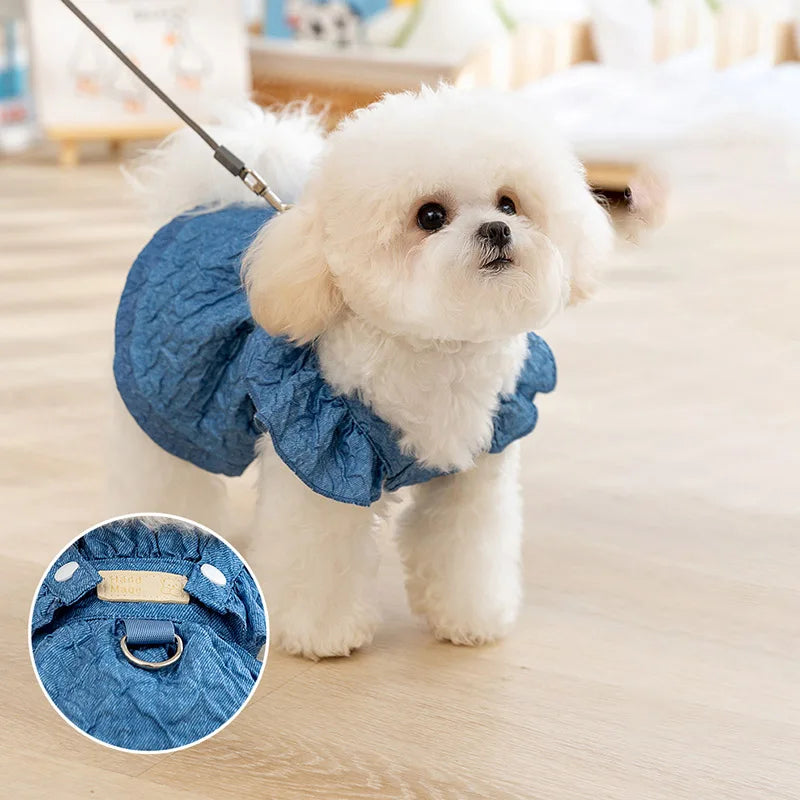 Hoopreety Denim Dog Dress For Small Dogs Leash Ring Sleeves