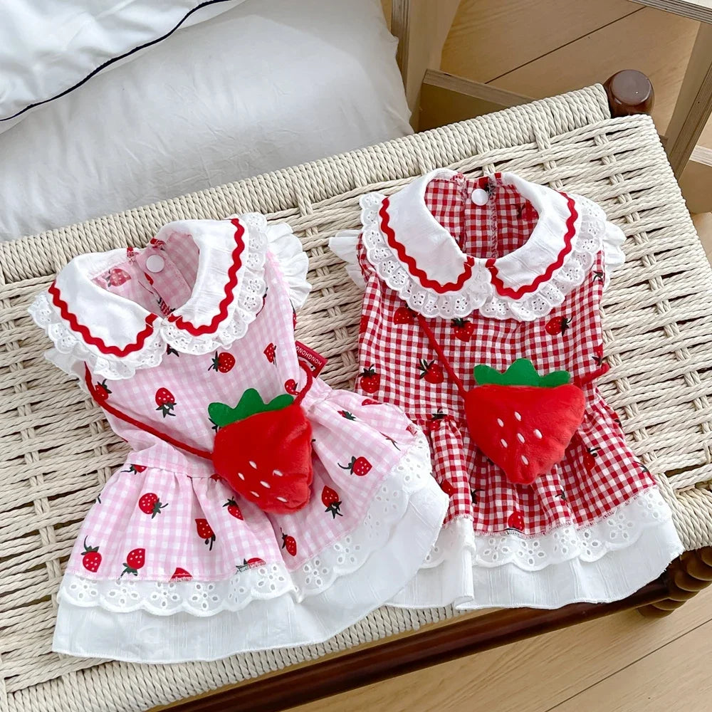 Elfidog Strawberry Dress For Dogs Cute Plaid Summer Apparel