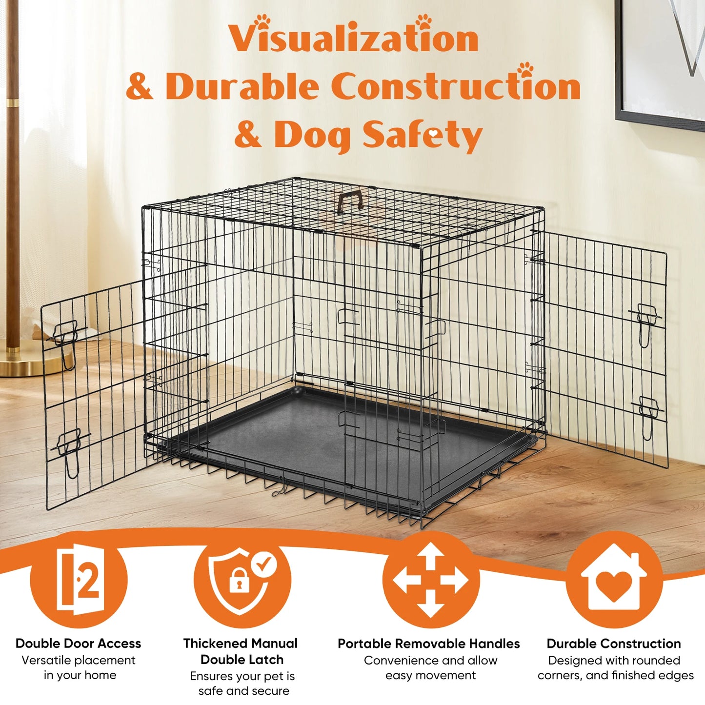 JHK Double Door Folding Metal Dog Cage With Leakproof Pan