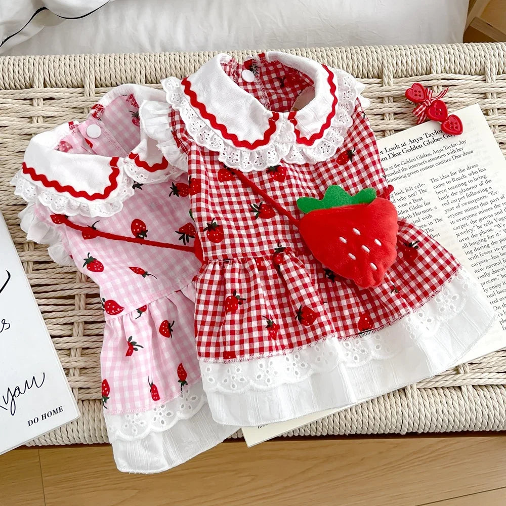 Elfidog Strawberry Dress For Dogs Cute Plaid Summer Apparel