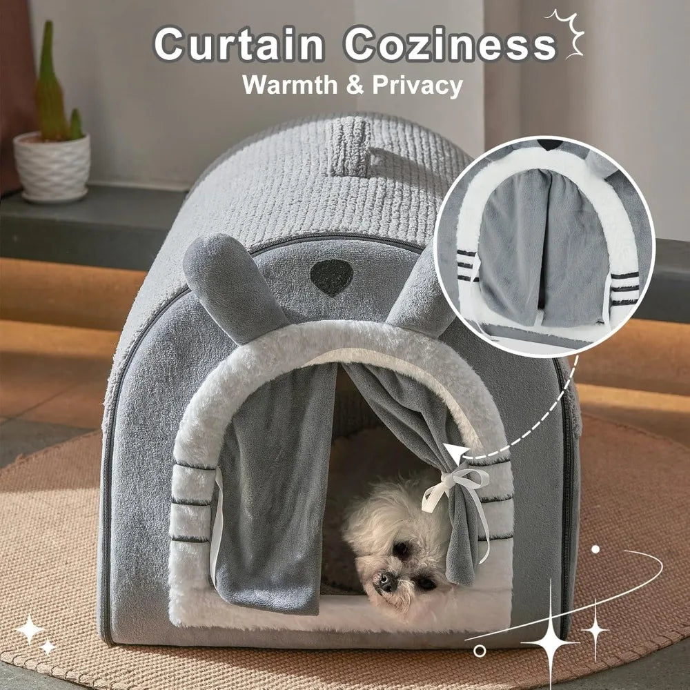 Hign-concerned Dog Cave Indoor Bed With Curtain Cushion
