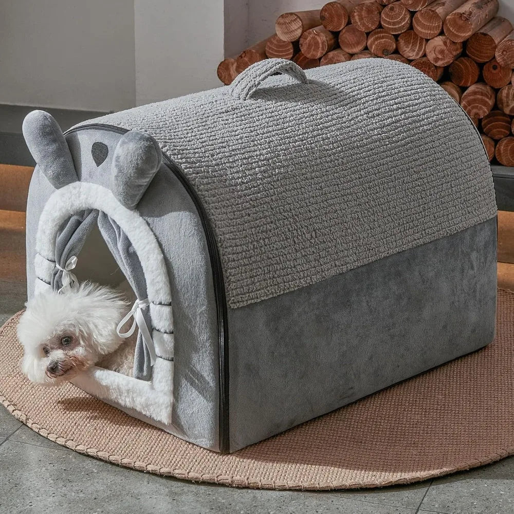 Hign-concerned Dog Cave Indoor Bed With Curtain Cushion