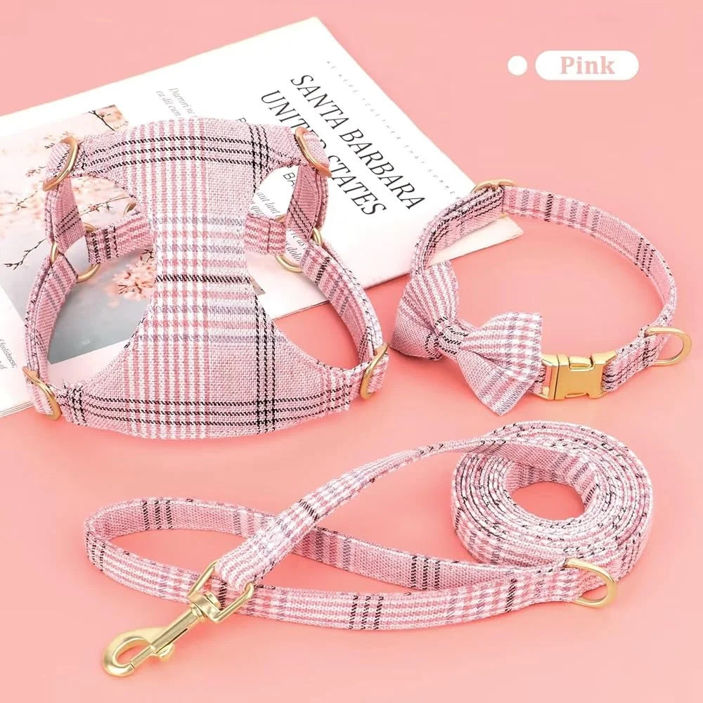 CN Fujian Cute Plaid Adjustable Small Dog Harness Set